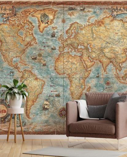 mural de mapa-múndi antigo chamado World Map Antique da Ray & Co para escritórios residenciais, faculdades e escolas