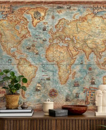 antieke muurschildering op de wereldkaart genaamd World Map Antique van Ray & Co voor thuiskantoren, hogescholen en scholen