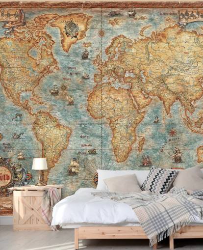 antique world map mural