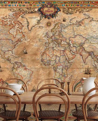 Verdenskortmaleri i vintage stil kaldet Pergament Map af Ray & Co til skoler og gymnasier Verdenskortmaleri i vintage stil kaldet Pergament Map af Ray & Co til skoler og gymnasier