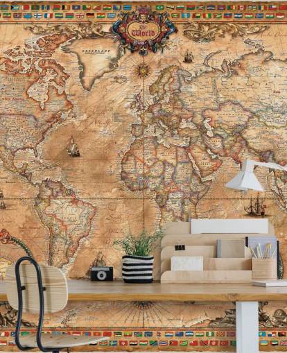 muurschildering in vintage stijl met de naam Pergament Map van Ray & Co voor scholen en hogescholen