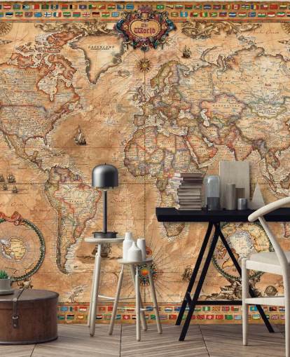 mural de mapa mundial de estilo vintage llamado Pergament Map de Ray & Co para escuelas y universidades