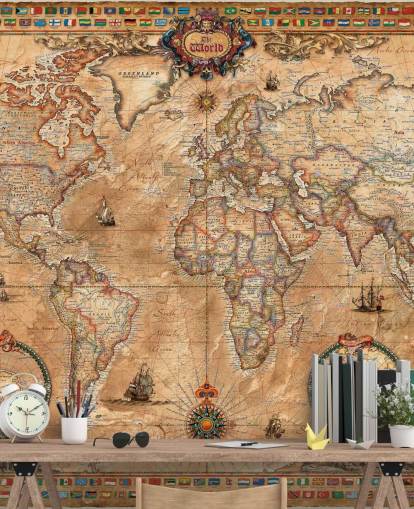 vintage style world map mural called Pergament Map by Ray & Co for schools and colleges