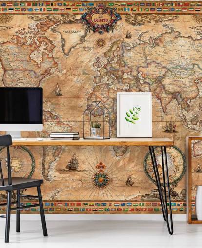 mural de mapa mundial de estilo vintage llamado Pergament Map de Ray & Co para escuelas y universidades