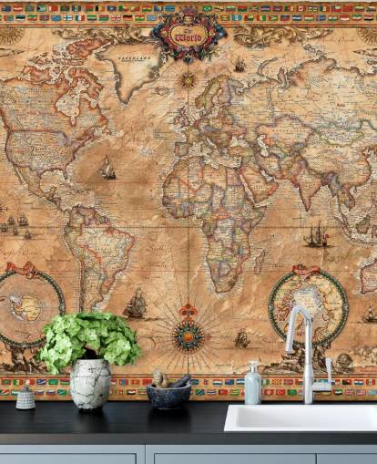 mural de mapa mundial de estilo vintage llamado Pergament Map de Ray & Co para escuelas y universidades