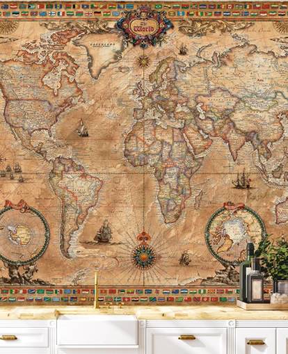murale con mappa del mondo in stile vintage chiamato Pergament Map di Ray & Co per scuole e college
