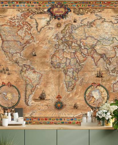 verdenskartveggmaleri i vintage stil kalt Pergament Map av Ray & Co for skoler og høyskoler verdenskartveggmaleri i vintage stil kalt Pergament Map av Ray & Co for skoler og høyskoler