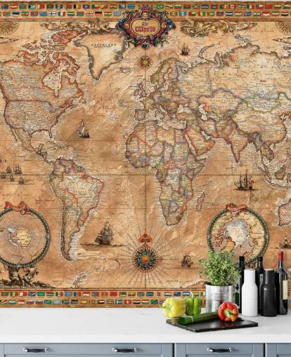 mural de mapa mundial de estilo vintage llamado Pergament Map de Ray & Co para escuelas y universidades