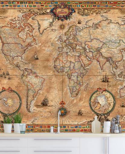 muurschildering in vintage stijl met de naam Pergament Map van Ray & Co voor scholen en hogescholen