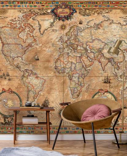 mural de mapa mundial de estilo vintage llamado Pergament Map de Ray & Co para escuelas y universidades