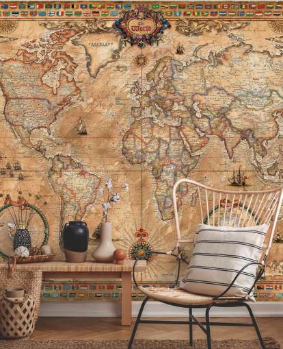 Ray & Co: n vintage-tyylinen maailmankartan seinämaalaus nimeltä Pergament Map kouluille ja korkeakouluille