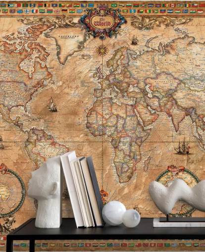 mural de mapa mundial de estilo vintage llamado Pergament Map de Ray & Co para escuelas y universidades mural de mapa mundial de estilo vintage llamado Pergament Map de Ray & Co para escuelas y universidades