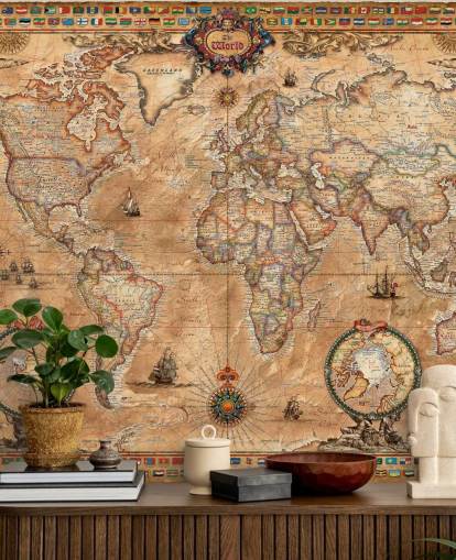 mural de mapa mundial de estilo vintage llamado Pergament Map de Ray & Co para escuelas y universidades