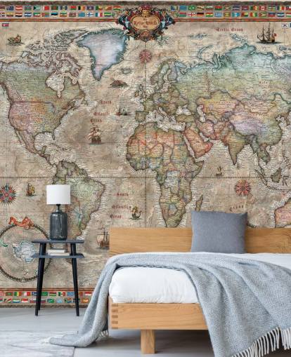 detailliertes Retro-Weltkarten-Tapeten-Wandbild namens Retro World Map von Ray & Co für Schulen und Büros detailliertes Retro-Weltkarten-Tapeten-Wandbild namens Retro World Map von Ray & Co für Schulen und Büros