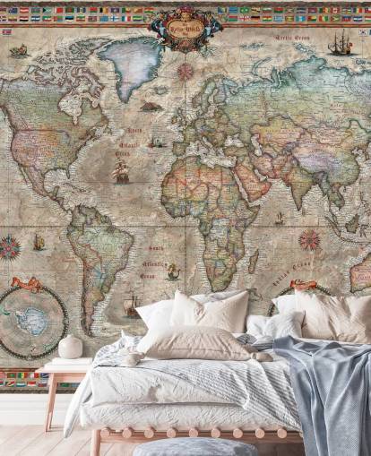 detaljert retro verdenskart tapetmaleri kalt Retro World Map av Ray & Co for skoler og kontorer detaljert retro verdenskart tapetmaleri kalt Retro World Map av Ray & Co for skoler og kontorer