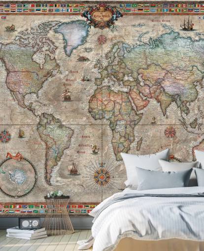 detailed retro world map wallpaper mural called Retro World Map by Ray & Co for schools and offices