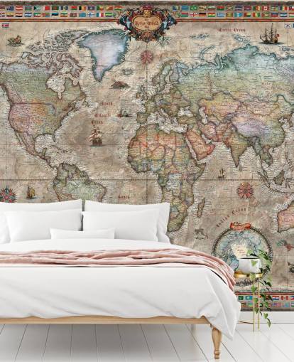 detailed retro world map wallpaper mural called Retro World Map by Ray & Co for schools and offices