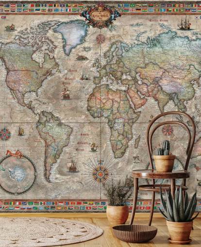 detailliertes Retro-Weltkarten-Tapeten-Wandbild namens Retro World Map von Ray & Co für Schulen und Büros