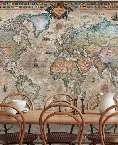 gedetailleerde retro wereldkaart behangmuurschildering genaamd Retro World Map van Ray & Co voor scholen en kantoren