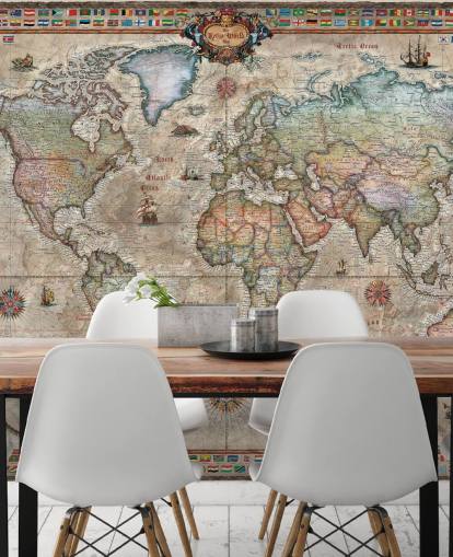 yksityiskohtainen retro-maailmankartan taustakuvamaalaus nimeltä Ray & Co: n Retro World Map kouluille ja toimistoille