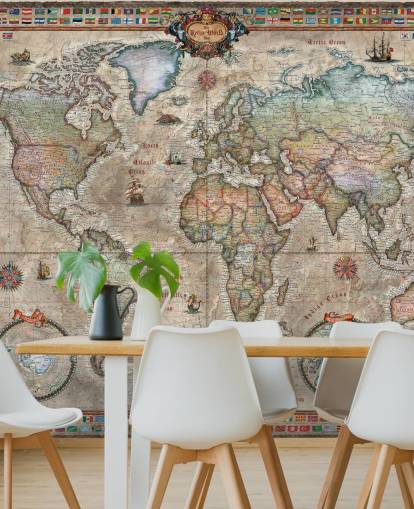 detaljerad retro världskarta tapetväggmålning som heter Retro World Map av Ray & Co för skolor och kontor