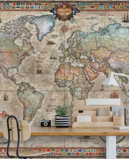 detaljeret retro verdenskort tapetmaleri kaldet Retro World Map af Ray & Co til skoler og kontorer detaljeret retro verdenskort tapetmaleri kaldet Retro World Map af Ray & Co til skoler og kontorer