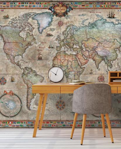 mural detallado de un mapa del mundo retro llamado Retro World Map de Ray & Co para escuelas y oficinas