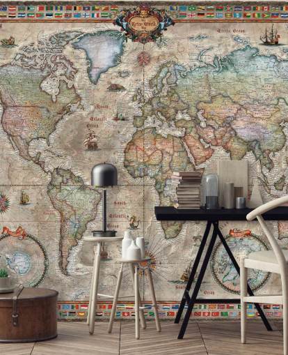 carta da parati murale dettagliata con mappa del mondo retrò chiamata Retro World Map di Ray & Co per scuole e uffici carta da parati murale dettagliata con mappa del mondo retrò chiamata Retro World Map di Ray & Co per scuole e uffici