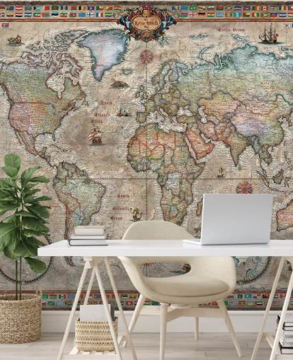 yksityiskohtainen retro-maailmankartan taustakuvamaalaus nimeltä Ray & Co: n Retro World Map kouluille ja toimistoille