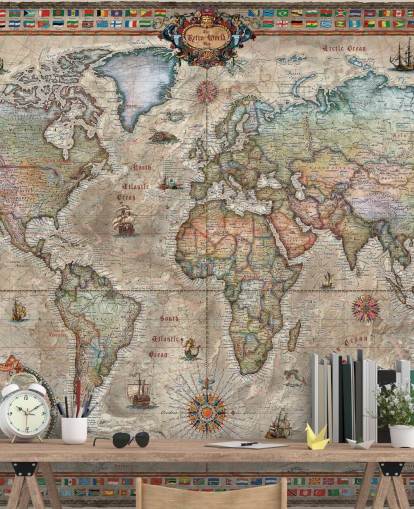 detaljerad retro världskarta tapetväggmålning som heter Retro World Map av Ray & Co för skolor och kontor