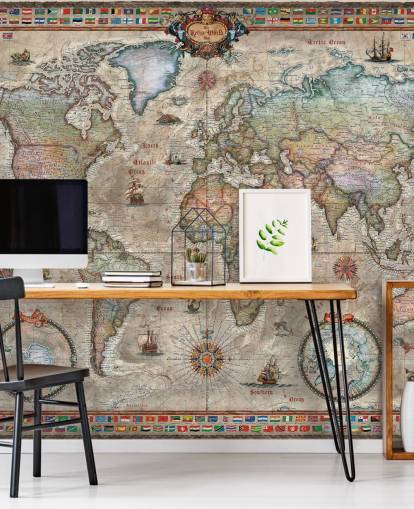 detaljert retro verdenskart tapetmaleri kalt Retro World Map av Ray & Co for skoler og kontorer