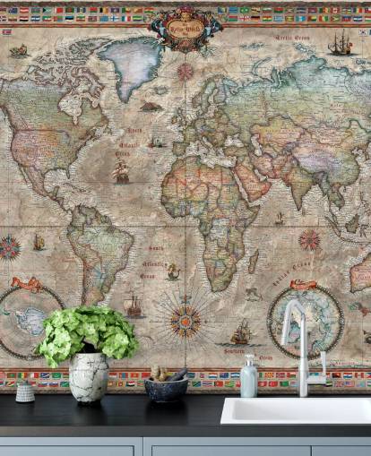 detailed retro world map wallpaper mural called Retro World Map by Ray & Co for schools and offices