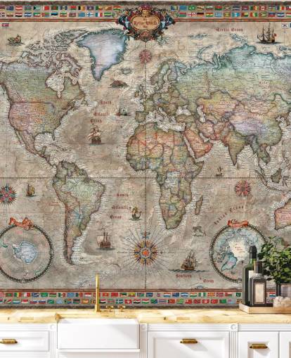 detaljerad retro världskarta tapetväggmålning som heter Retro World Map av Ray & Co för skolor och kontor