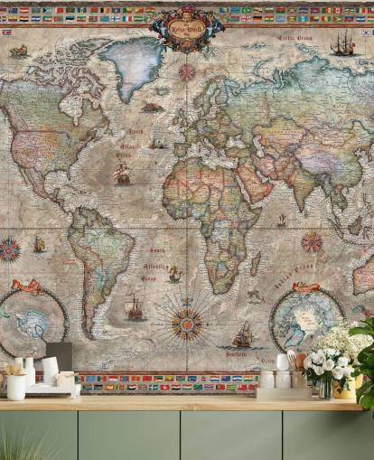 detailed retro world map wallpaper mural called Retro World Map by Ray & Co for schools and offices