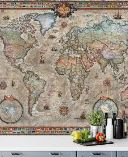 carta da parati murale dettagliata con mappa del mondo retrò chiamata Retro World Map di Ray & Co per scuole e uffici