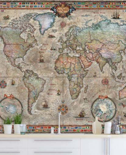yksityiskohtainen retro-maailmankartan taustakuvamaalaus nimeltä Ray & Co: n Retro World Map kouluille ja toimistoille
