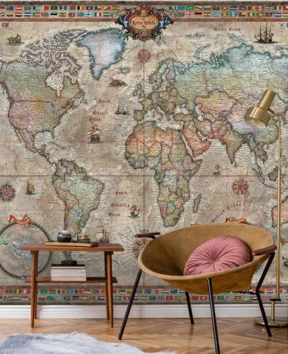 mural detallado de un mapa del mundo retro llamado Retro World Map de Ray & Co para escuelas y oficinas mural detallado de un mapa del mundo retro llamado Retro World Map de Ray & Co para escuelas y oficinas