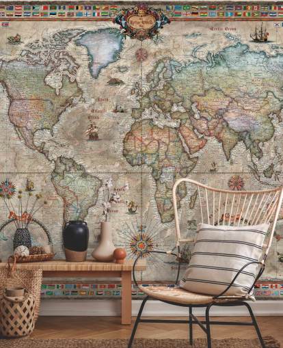 carta da parati murale dettagliata con mappa del mondo retrò chiamata Retro World Map di Ray & Co per scuole e uffici carta da parati murale dettagliata con mappa del mondo retrò chiamata Retro World Map di Ray & Co per scuole e uffici
