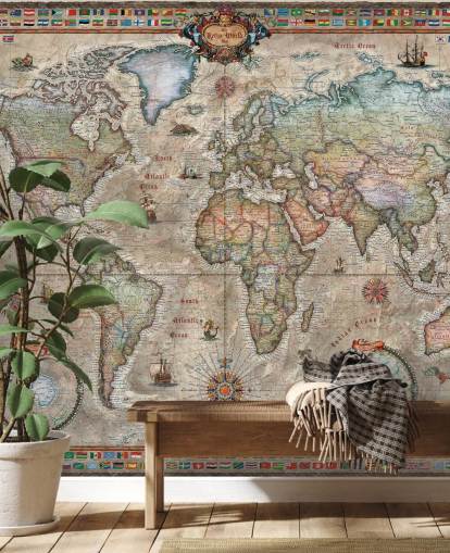 detaljerad retro världskarta tapetväggmålning som heter Retro World Map av Ray & Co för skolor och kontor