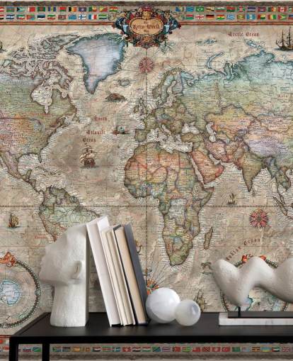mural detalhado de papel de parede de mapa-múndi retrô chamado Retro World Map da Ray & Co para escolas e escritórios mural detalhado de papel de parede de mapa-múndi retrô chamado Retro World Map da Ray & Co para escolas e escritórios