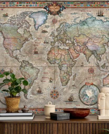 detailed retro world map wallpaper mural called Retro World Map by Ray & Co for schools and offices