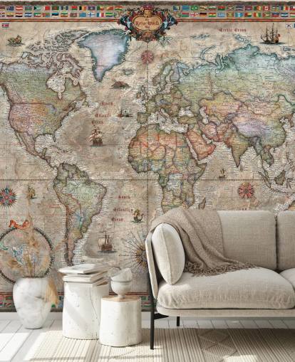 detailed retro world map wallpaper mural called Retro World Map by Ray & Co for schools and offices