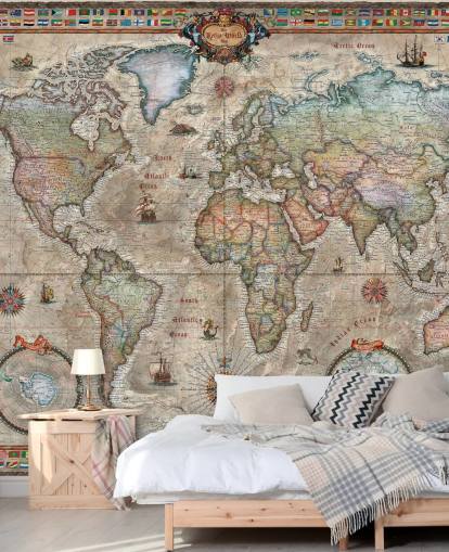 carta da parati murale dettagliata con mappa del mondo retrò chiamata Retro World Map di Ray & Co per scuole e uffici