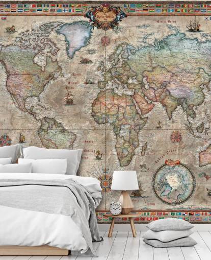 mural detalhado de papel de parede de mapa-múndi retrô chamado Retro World Map da Ray & Co para escolas e escritórios