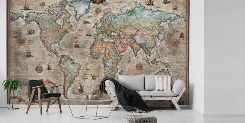 detailed retro world map wallpaper mural called Retro World Map by Ray & Co for schools and offices