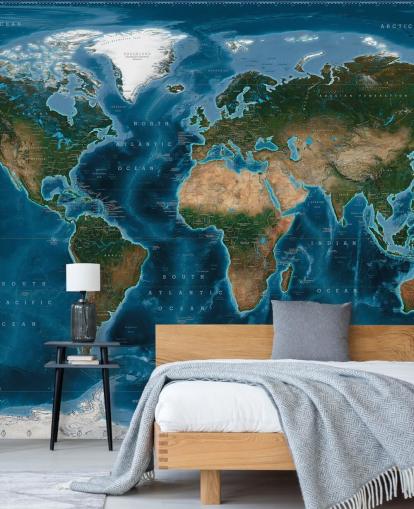 carta da parati murale con mappa del mondo blu e verde chiamata Satellite Map di Ray & Co