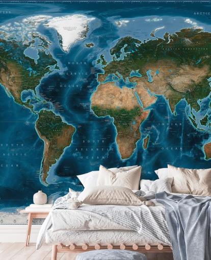 mural de papel pintado con un mapa del mundo azul y verde llamado Satellite Map de Ray & Co