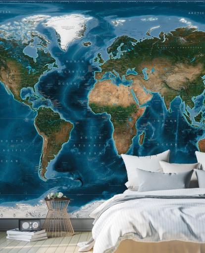 blue and green world map wallpaper mural called Satellite Map by Ray & Co