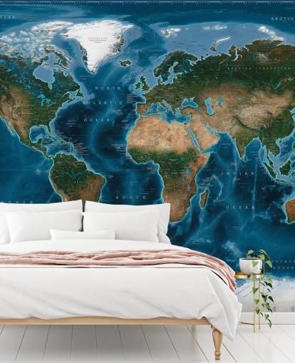 papier peint mural de carte du monde bleu et vert appelé Satellite Map par Ray & Co papier peint mural de carte du monde bleu et vert appelé Satellite Map par Ray & Co