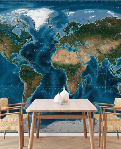 blue and green world map wallpaper mural called Satellite Map by Ray & Co